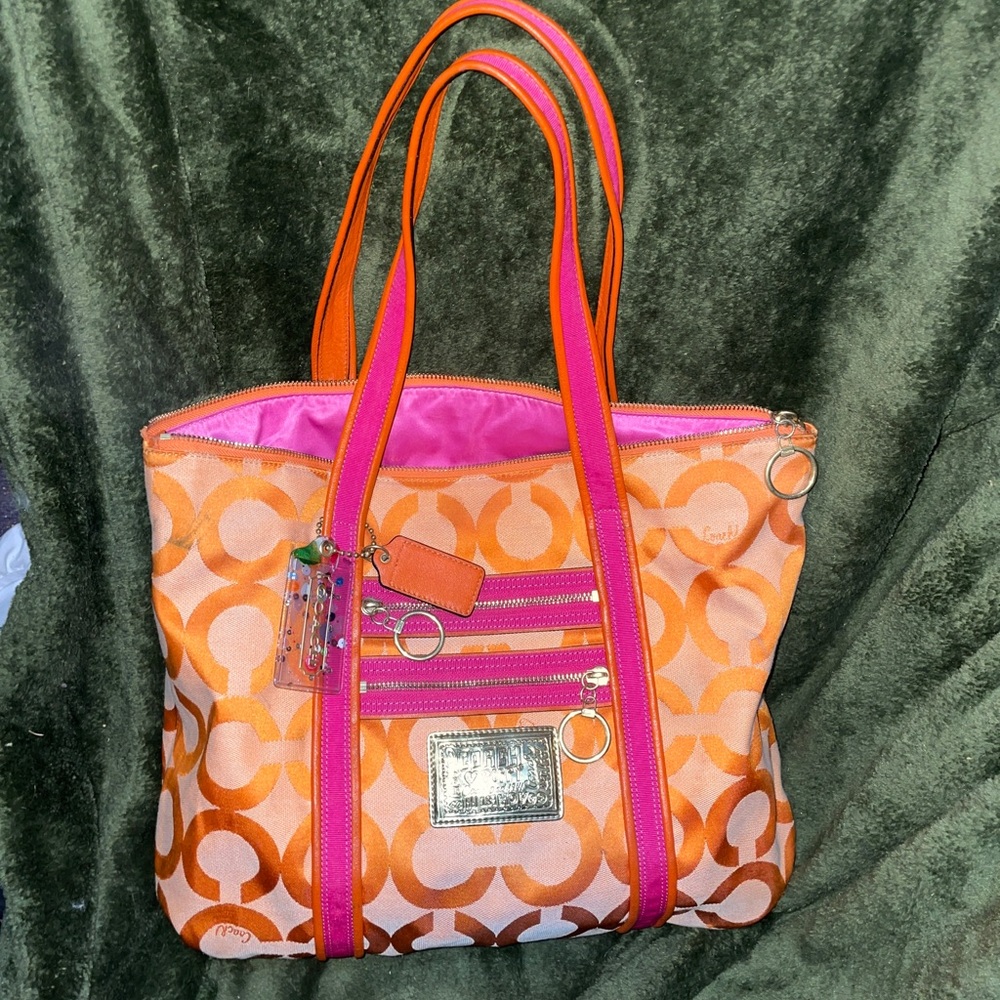 Coach Poppy Orange & Pink OP Art Glam Tote Bag